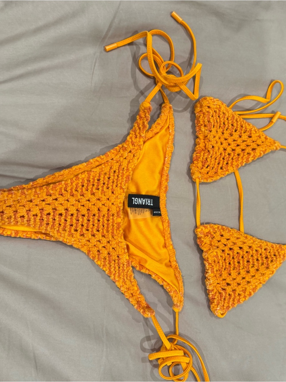 triangl swimwear Orange Crochet Triangle Bikini set, small top medium bottom
